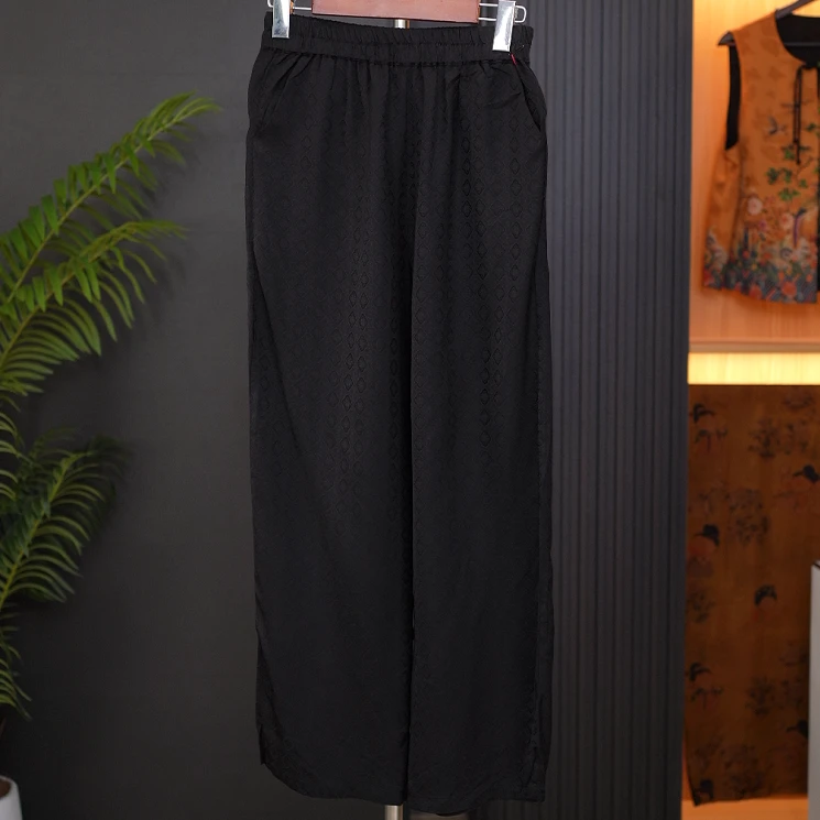 【南舟未渡】福利新中式中国风菱格松紧腰花萝直筒裤