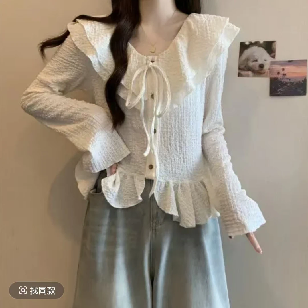 2025春装新款法式荷叶边蝴蝶结别致遮肚小众上衣显瘦打底衫