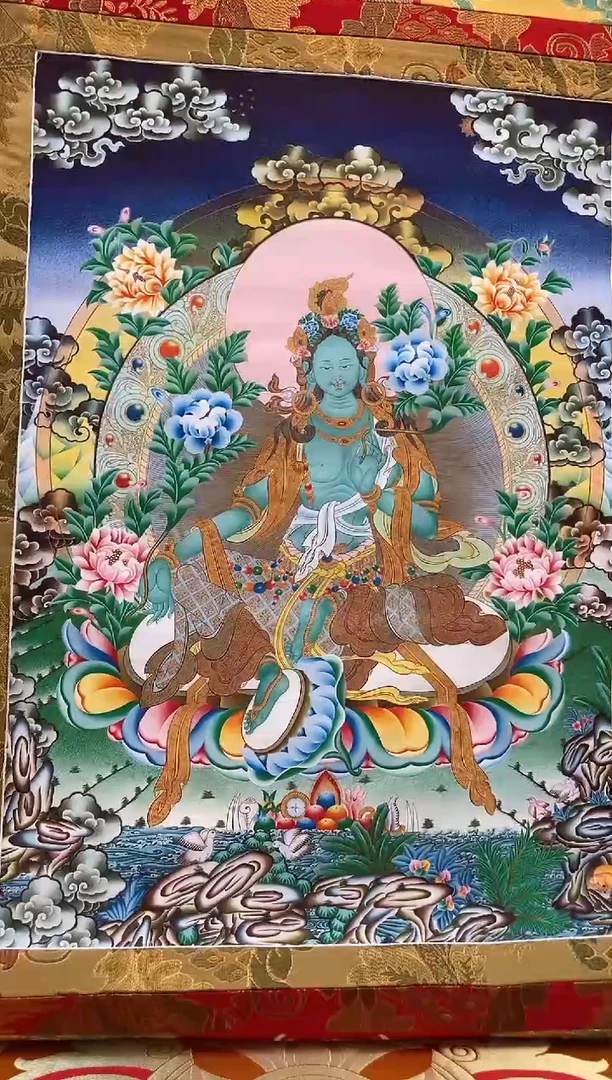 【闪购商品】卷轴画矿物质喷绘  绿度母1.3m金色龙布