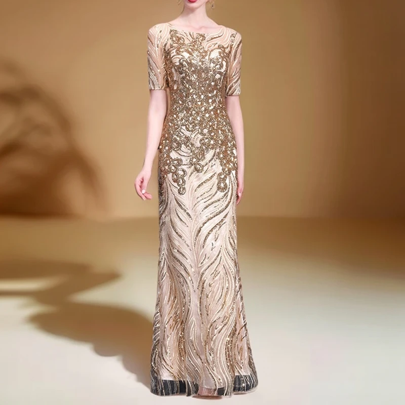 金色晚礼服2025春秋新款宴会优雅名媛主持人宴会聚会派对连衣裙女