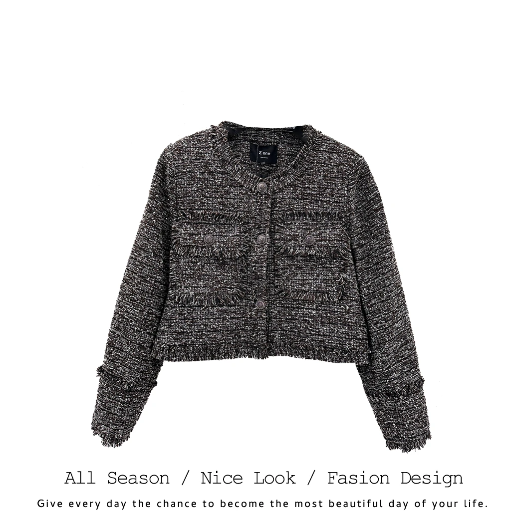 640    时尚古咖色轻奢小香风韩版气质短款外套   款号#24-555-1