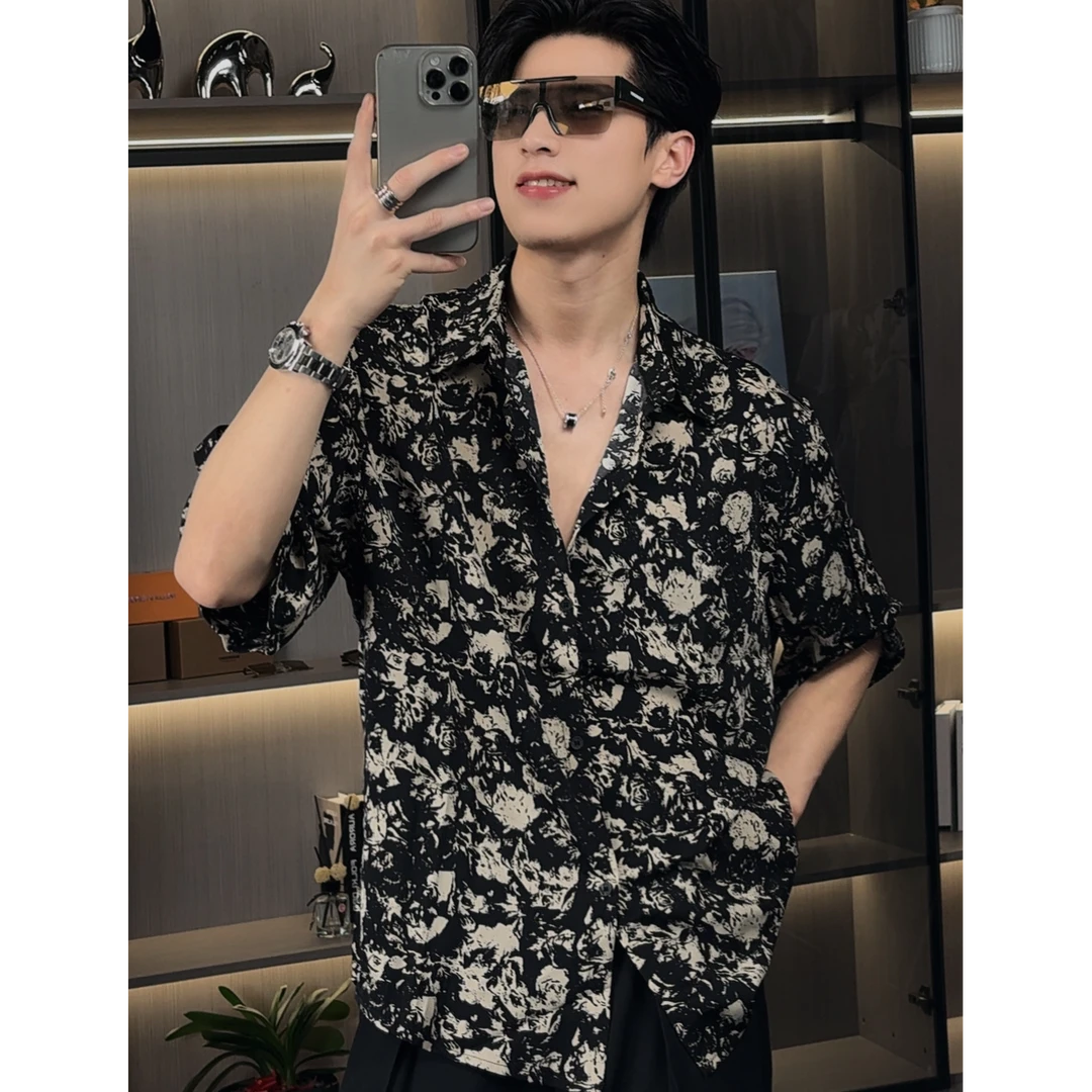 【李李穿搭】夏季新款时尚碎花潮流港风宽松男士百搭洋气衬衫