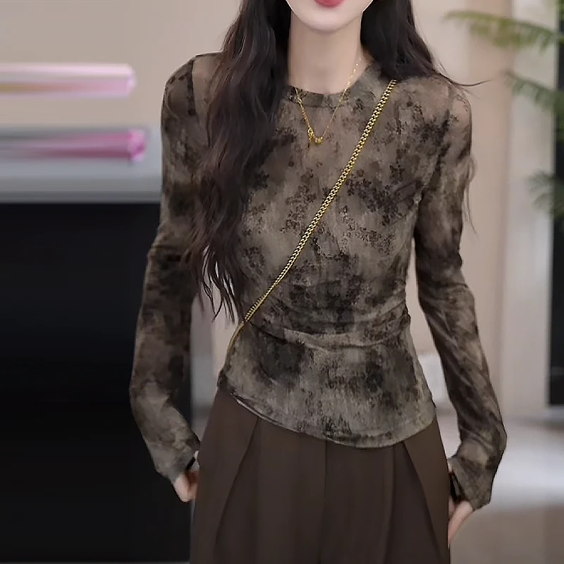 【水木明瑟】早秋新款千金风修身印花圆领上衣打底衫女潮流洋气时尚