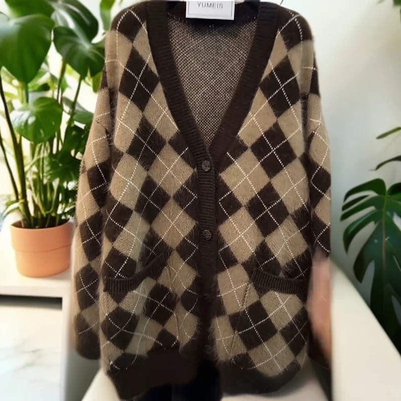 2024秋冬新款菱格拼色毛衣外套宽松中长款长袖V领慵懒风针织上衣