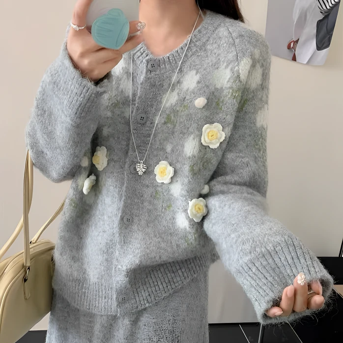 【M1 CHEN】花朵开衫半身裙韩版显瘦毛衣套装裙慵懒少女风亲肤柔软