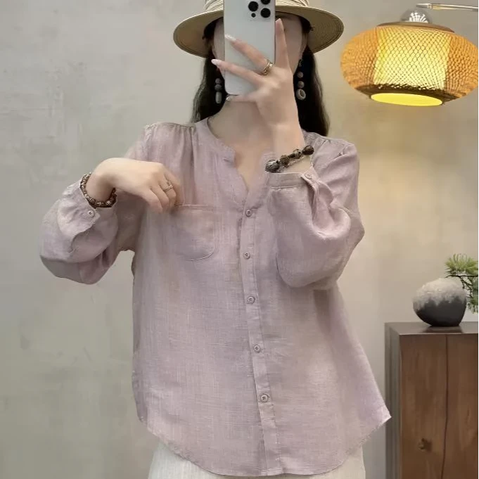 亚麻老钱慵懒宽松衬衫长袖女生韩系ins衣服酷飒风女装高级感衬衣