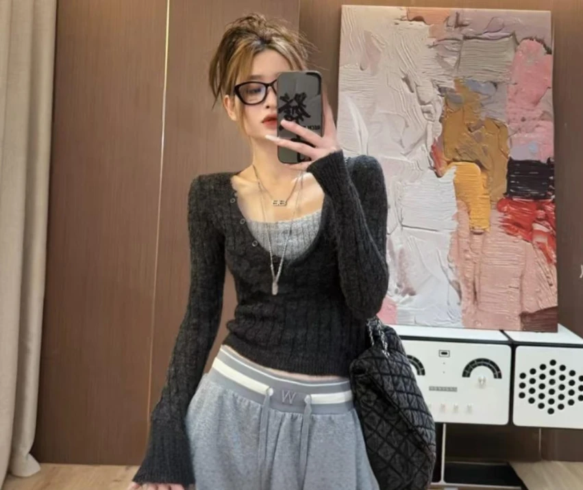 2025韩系秋冬新款时尚假两件针织衫打底衫显瘦修身上衣W1-46