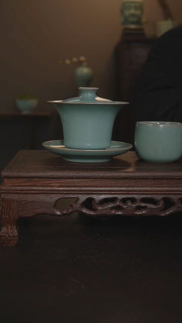 摆件瓷仿古手工马蹄盖碗+杯子