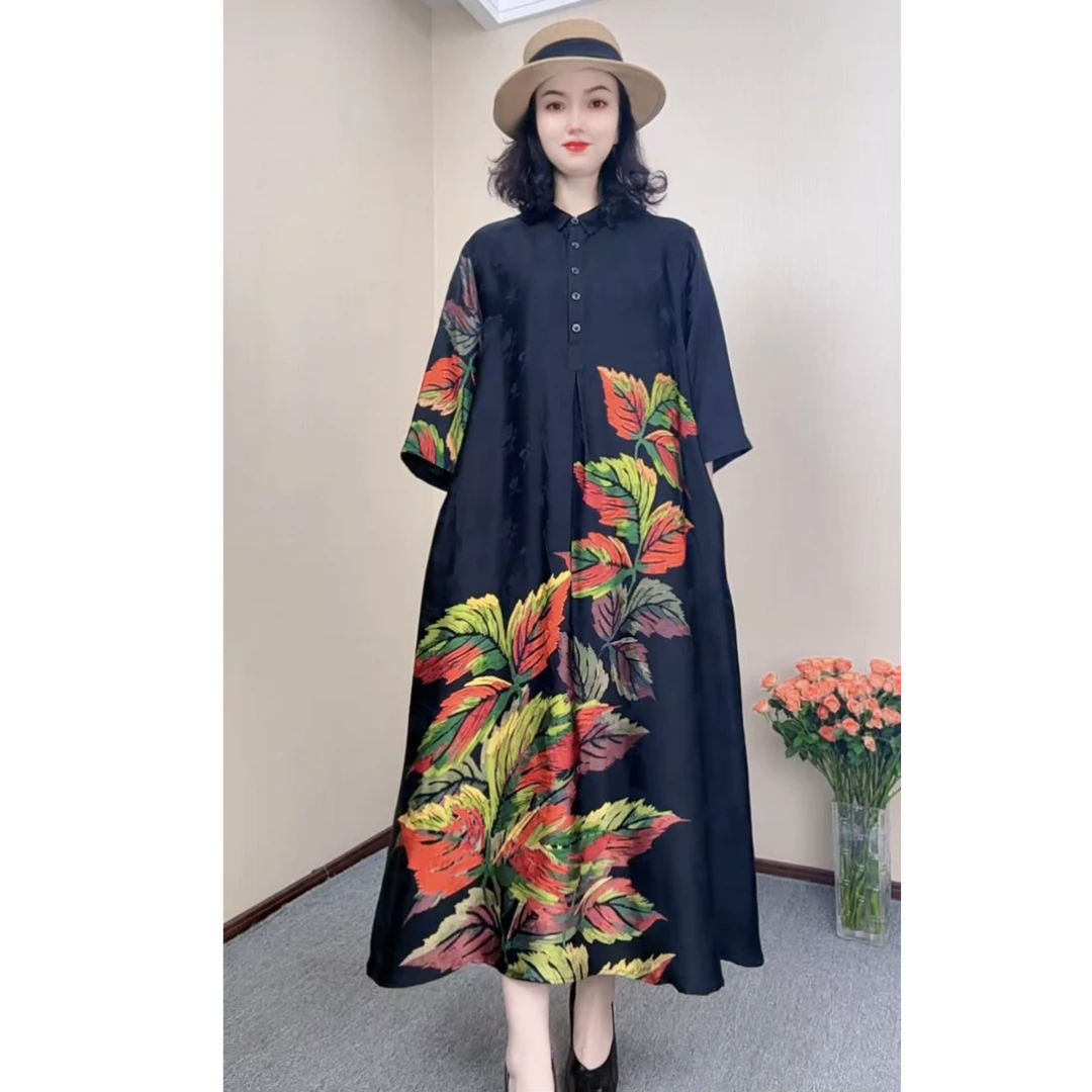 【鑫兰精选】XLJX501-1时尚复古对应花长款连衣裙显瘦款