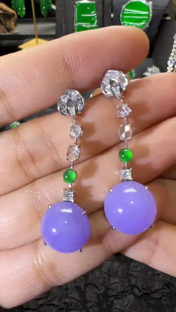 18K金镶嵌翡翠耳饰高冰紫罗兰蛋面耳饰