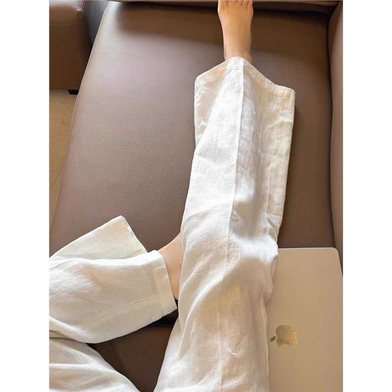 老钱风白色亚麻直筒裤女2025春季款薄款休闲阔腿裤小个子显瘦西裤