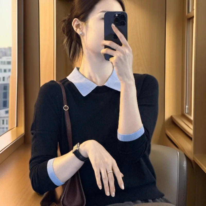 2025早秋新款撞色拼接假两件长袖针织衫女POLO领打底气质穿搭上衣