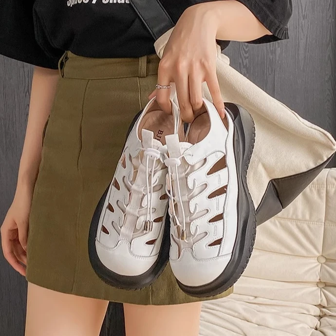 伯爵猫包头牛皮凉鞋女夏季外穿新款休闲百搭镂空女鞋厚底罗马凉鞋