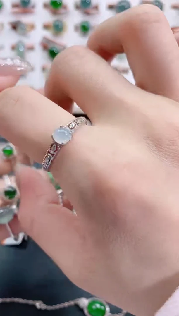 银S925镶嵌戒指翡翠 天然翡翠