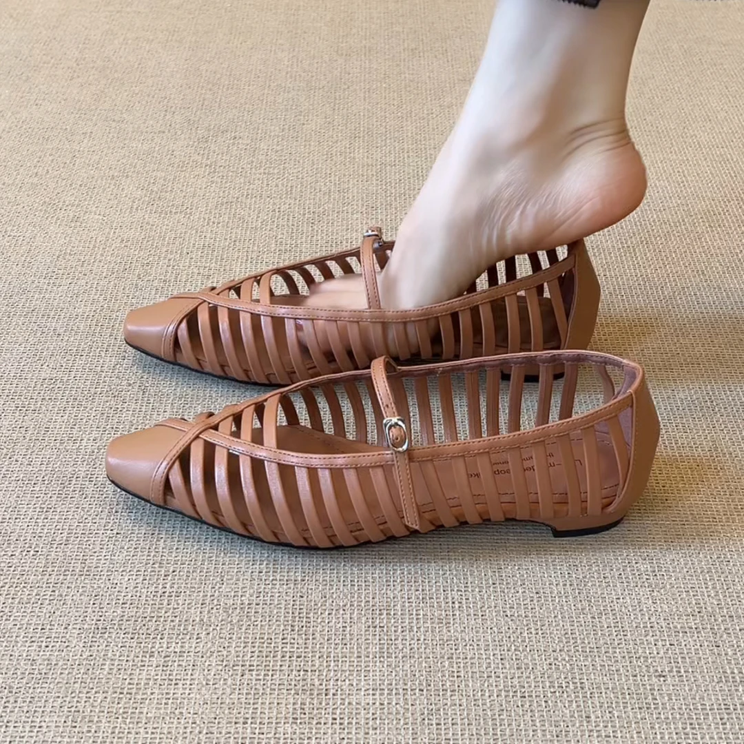 RubyL/2cm夏季简约休闲舒适透气镂空百搭纯色平跟小尖头浅口单鞋