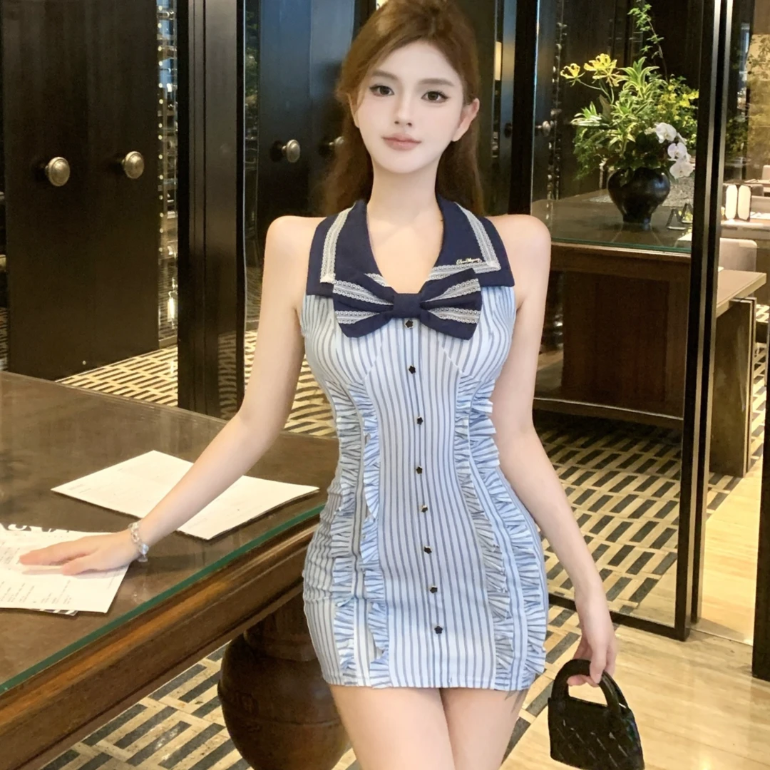 气质法式收腰修身条纹性感辣妹紧身包臀裙子无袖连衣裙显瘦女