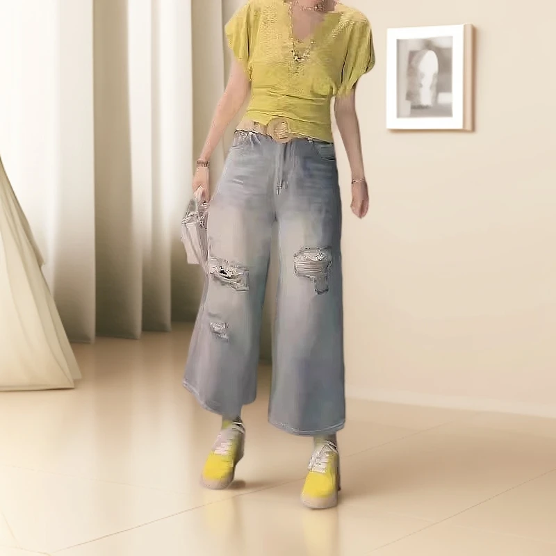 复古蕾丝拼接破洞牛仔裤女夏季时尚宽松显瘦小个子九分直筒阔腿裤