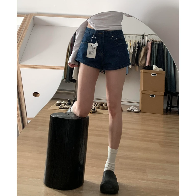 高腰辣妹牛仔短裤女2025夏季薄款靛蓝原色显瘦设计感a字阔腿热裤