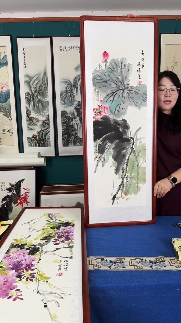 国画40*140荷花实木装裱