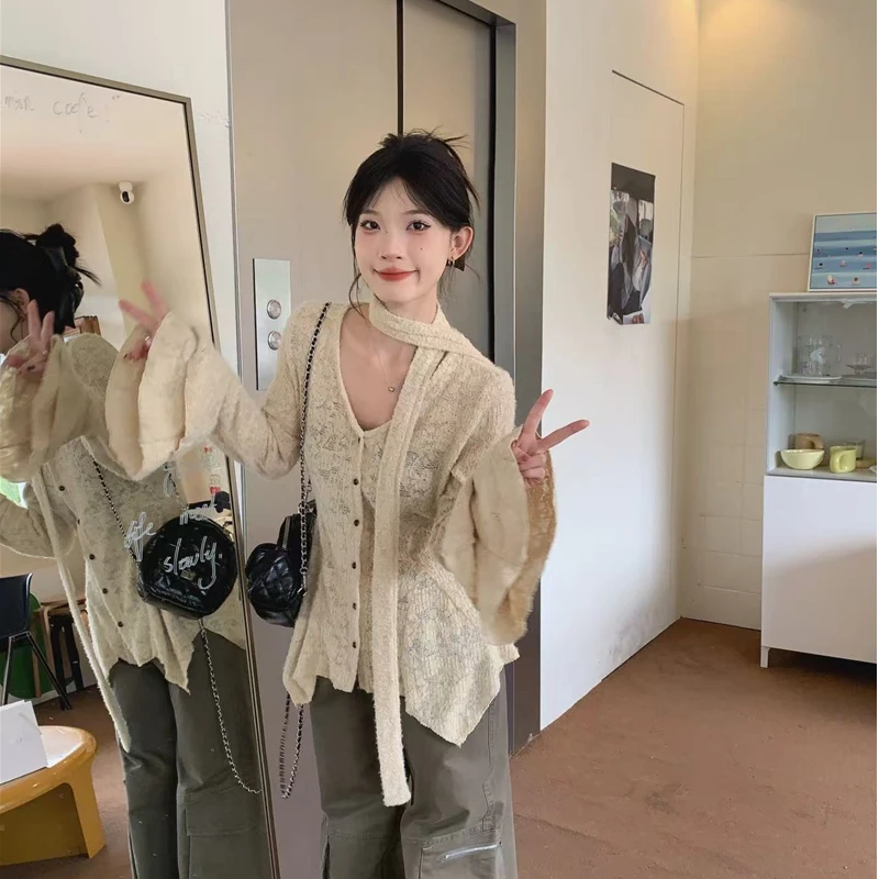 【NYPP】韩系设计感温柔风修身垂感微喇袖针织开衫打底衫女