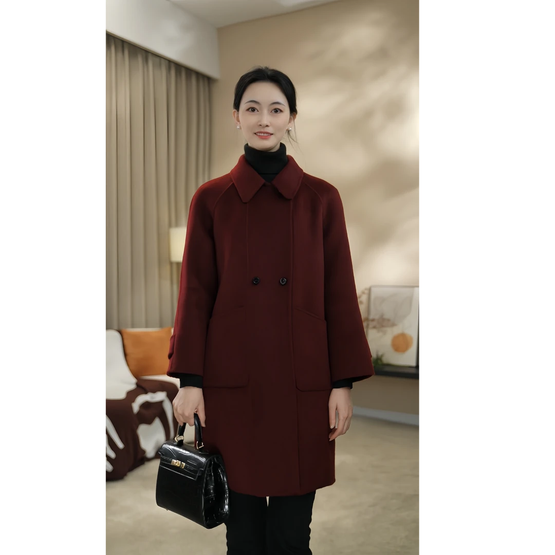 【曼贝河畔】安哥拉红秋冬新款女款时尚双面呢羊毛大衣 8484039