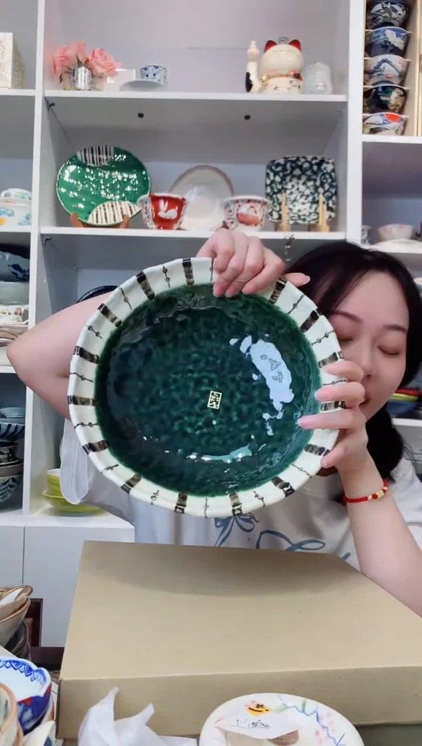 陶瓷【孤品】濑户烧织布绿釉四足大钵