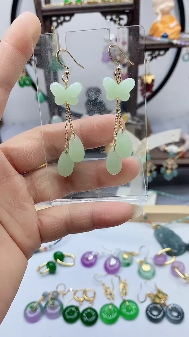 和田玉14K金镶嵌耳饰93