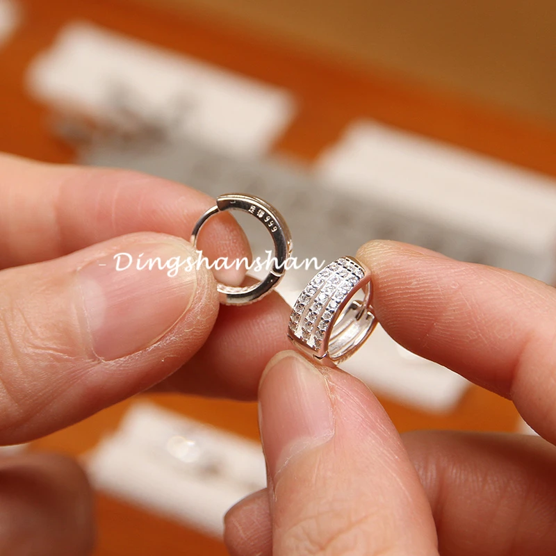 足银耳饰 999纯银耳环女轻奢排钻个性简约百搭宽面三圈耳扣ek145