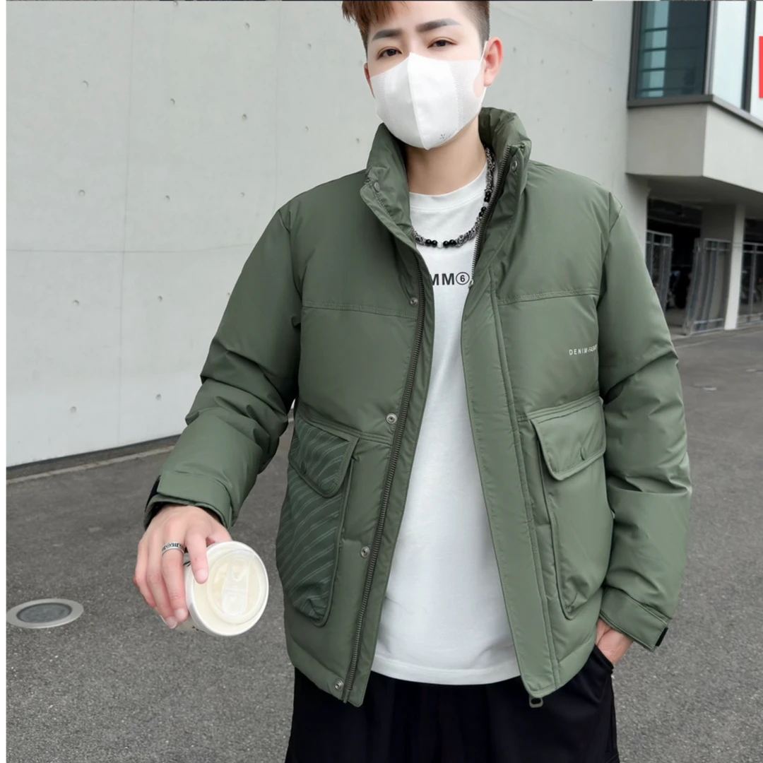 冬季新款纯色拼条纹口袋潮流时尚休闲立领棉外套袁8818*东2