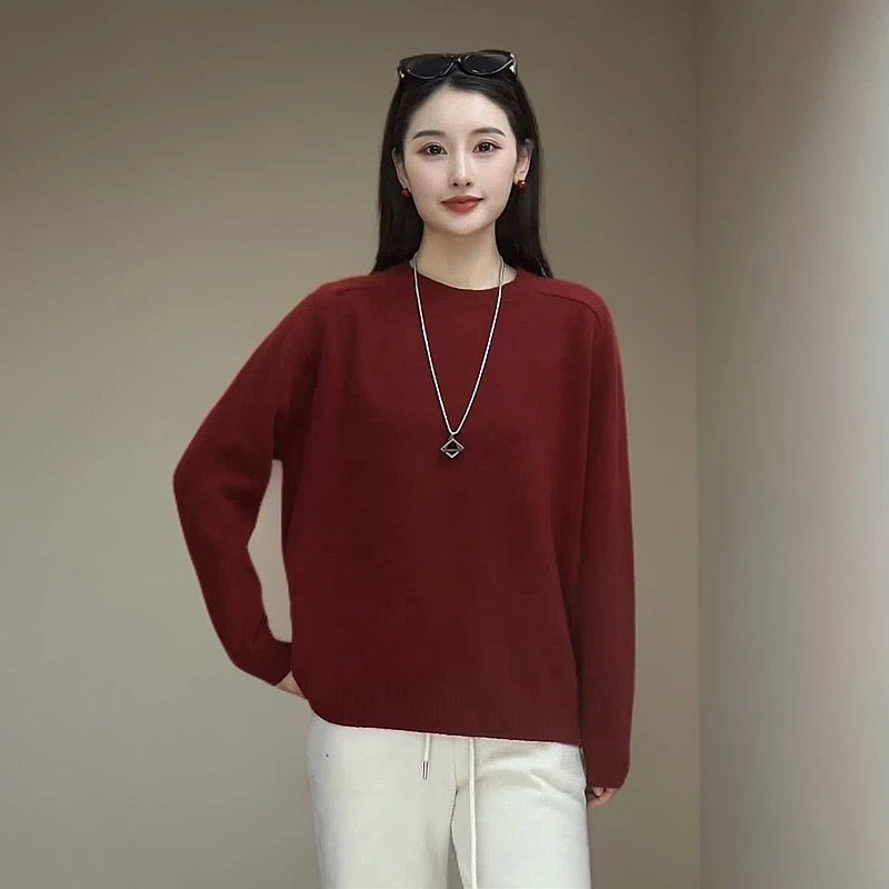 VillROSA 早春羊毛羊绒女装宽松休闲百搭纯色韩版圆领套头羊毛衫