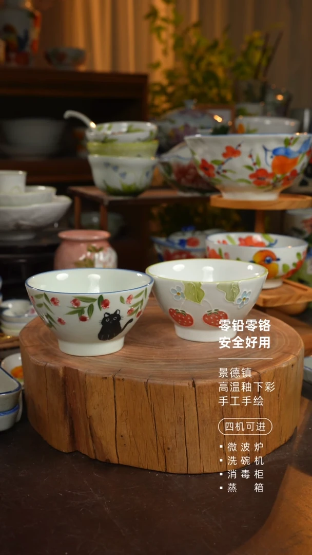 瓷2个景德镇高温釉下彩食品级5寸斗笠碗