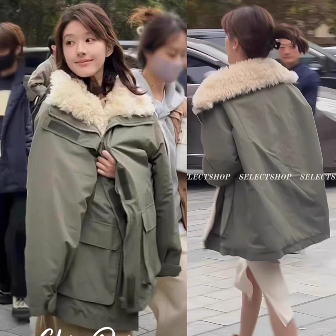 赵露思同款军绿色毛领羊羔绒派克服女冬季工装冲锋衣棉服皮草外套