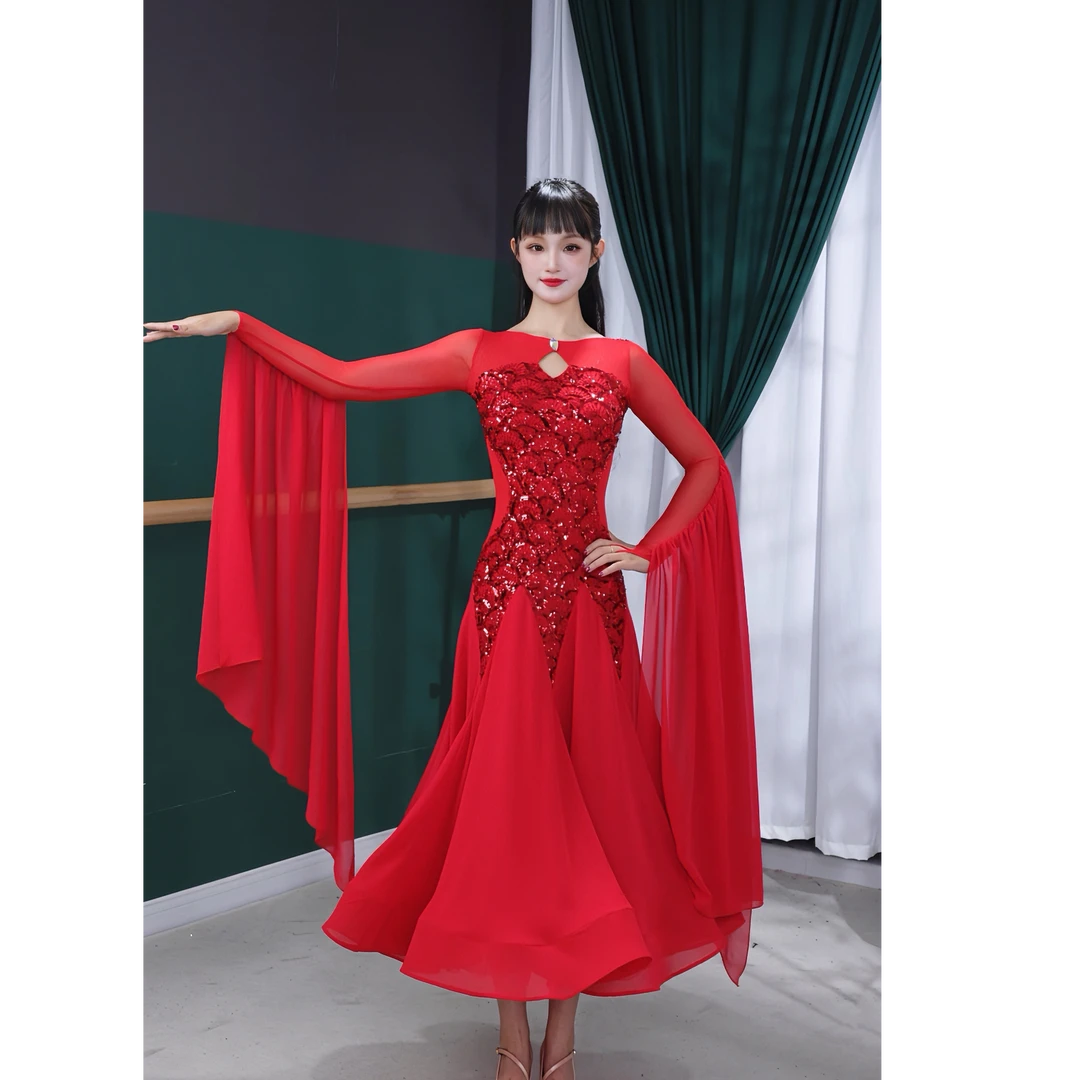 舞维时空新款锦鲤红色亮片国标舞包肩团体表演服摩登演出服LY0104