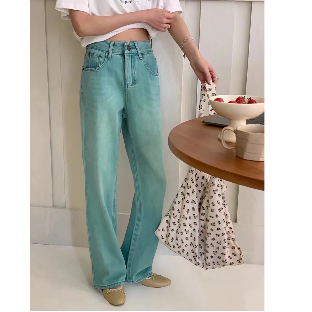 夏款（四面弹蓝绿）高腰显瘦遮肉窄版直筒牛仔女裤