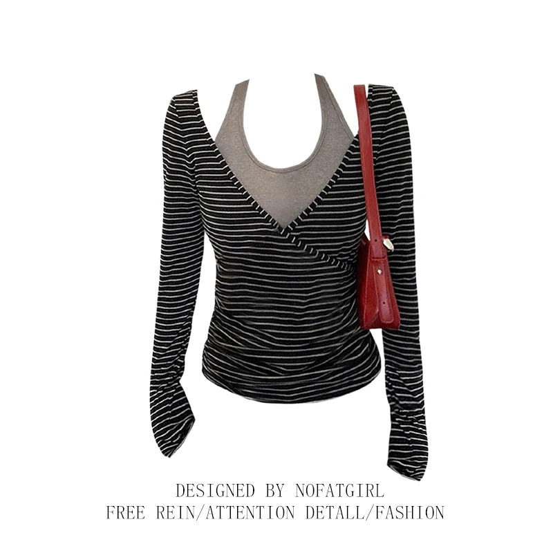 大码胖MM韩系挂脖条纹长袖T恤女秋季新款修身显瘦内搭假两件上衣