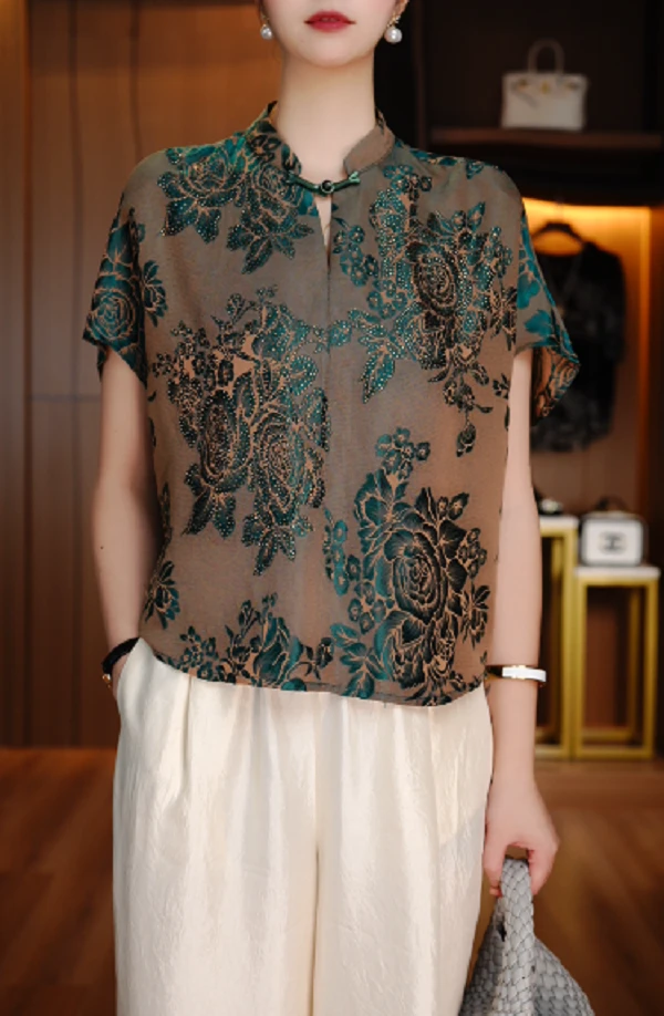 国颐 新款洋气宽松显瘦优雅轻奢气质印花百搭上衣V25P420