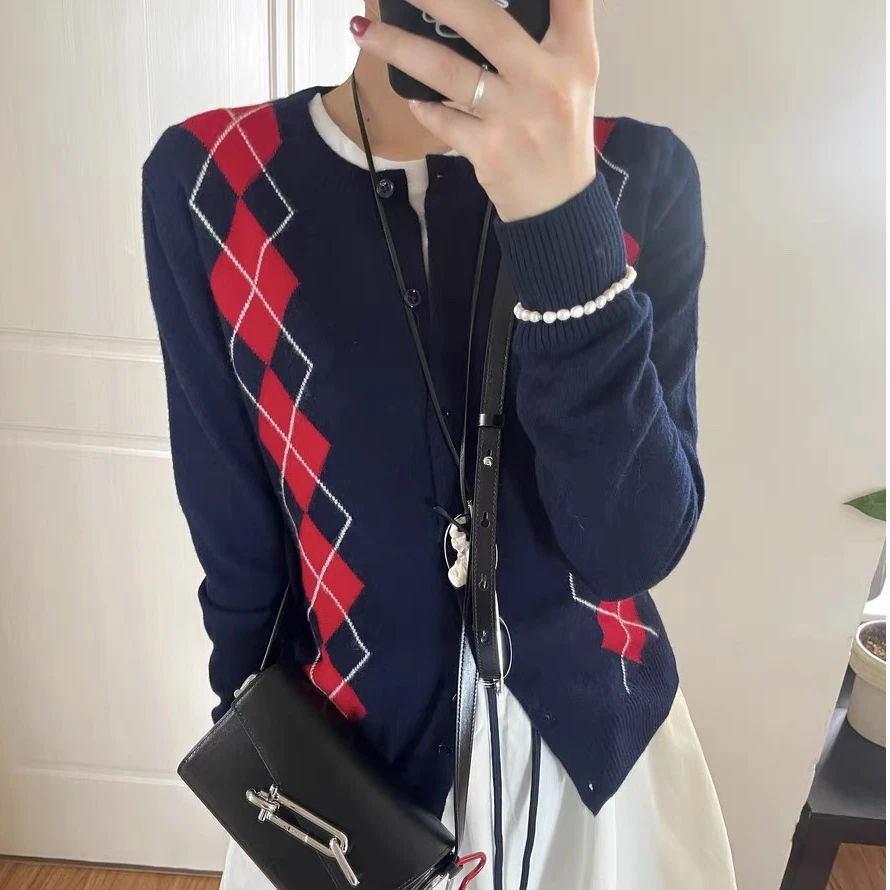 韩国订单赵露思同款针织衫25春新款菱格撞色羊毛开衫2489-m
