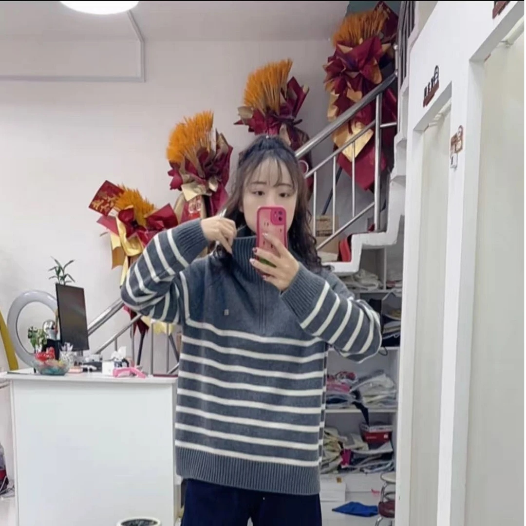 欧版12060时尚半拉链条纹毛衣秋冬-319