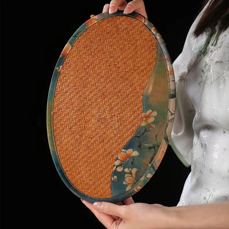 【凤庭】玉兰花开藤编椭圆形茶席19*30cm,画片随机（福0002）
