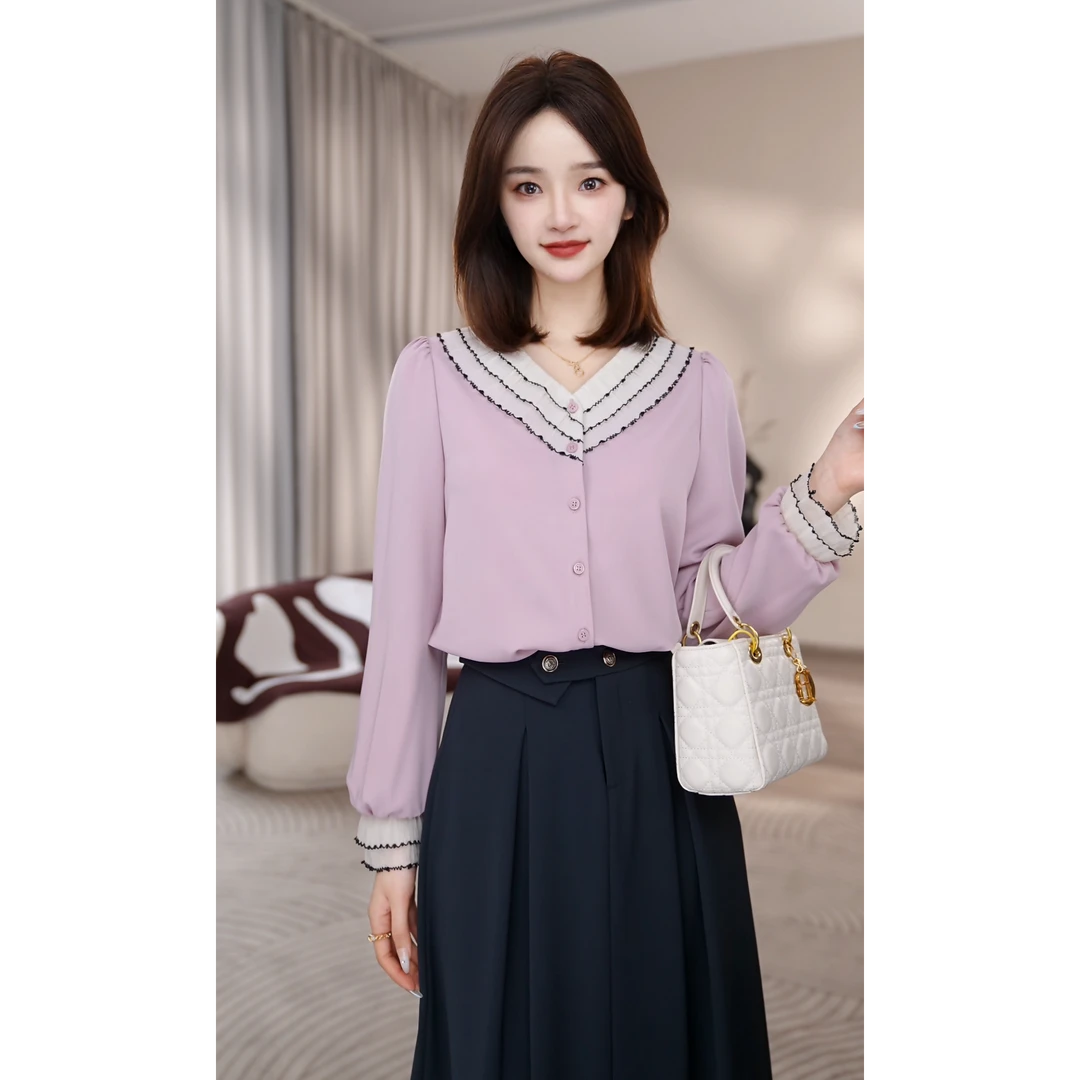 曼贝欧若风洋气衬衫女长袖2025春季爆款衬衣8591322A多色【佳莹】