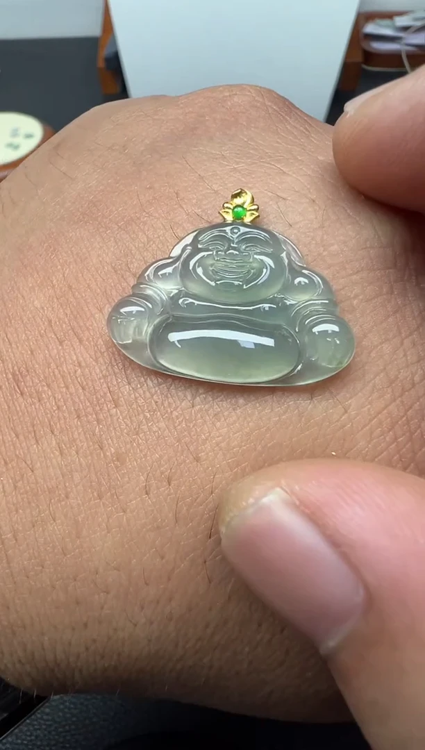 颈饰18K金镶嵌翡翠（60号）纯天然A货缅甸翡翠 佛公锁骨吊坠