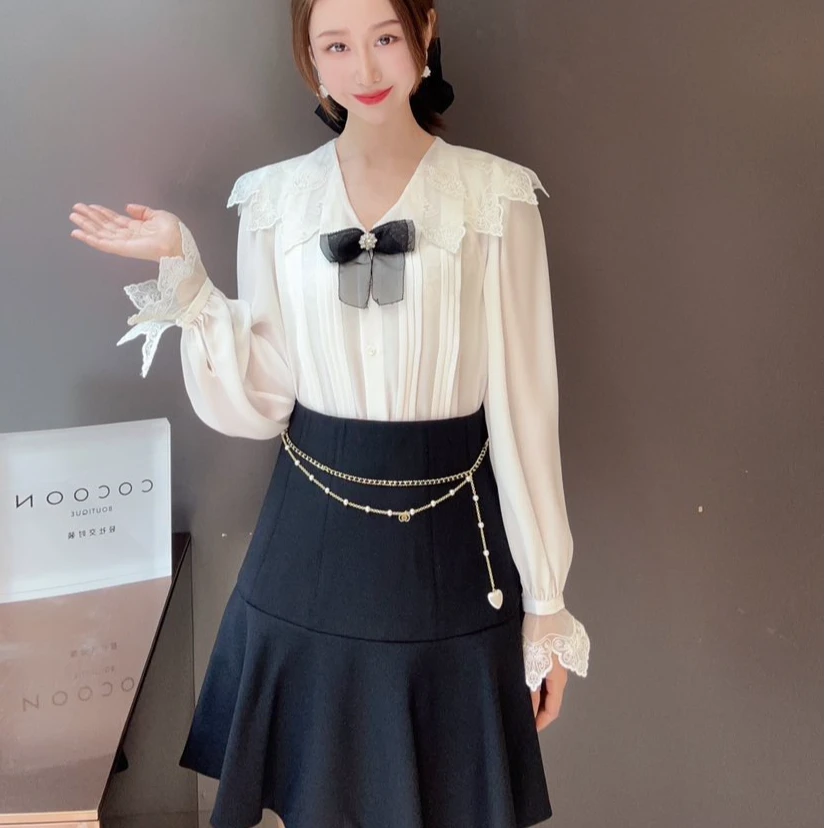COCOON蕾丝荷叶边蝴蝶结娃娃领长袖衬衫法式小众