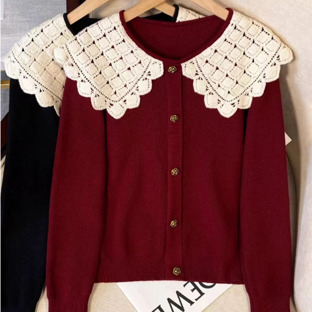 241220#大码胖mm法式娃娃领针织毛衣女秋冬洋气减龄遮肚子上衣