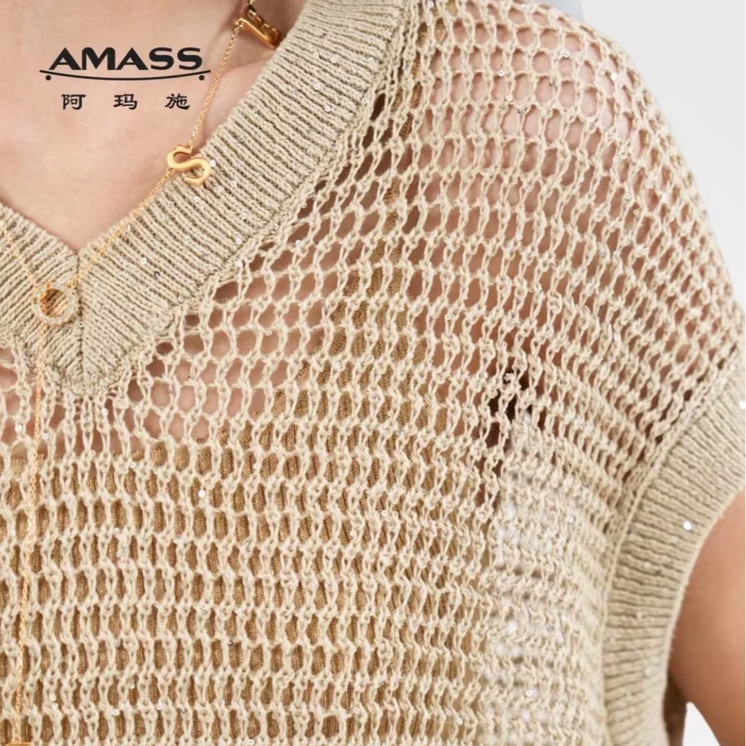 AMASS/阿玛施【星河针织】春款V领宽松珠片镂空套头针织马甲5399714