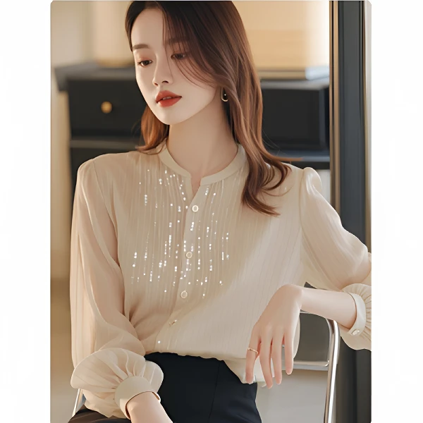 早秋新款洋气高端别致小衫气质高级感米色亮片雪纺衬衫上衣女夏季