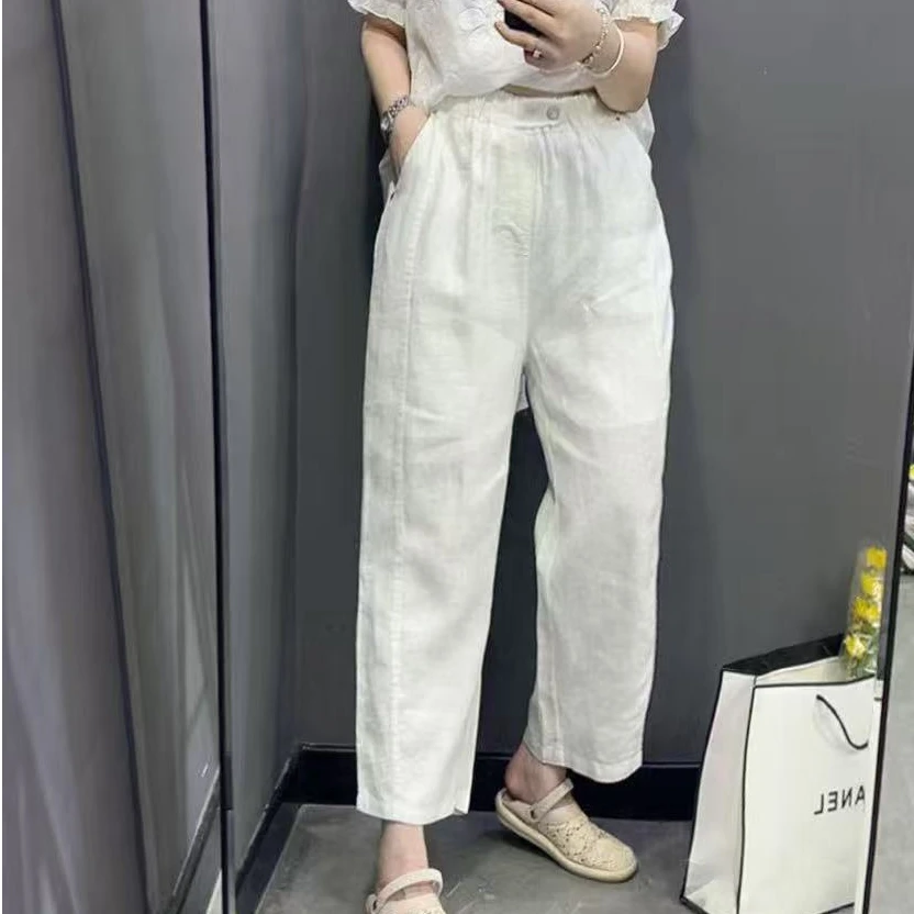 D25071新款松紧腰九分裤宽松简约百搭纯色休闲裤老爹裤