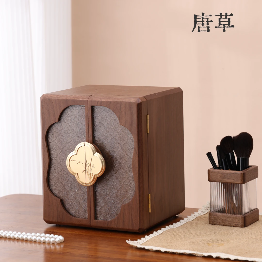 唐草玻璃花窗双开门首饰盒兰花把手黑胡桃实木戒指项链耳饰收纳盒