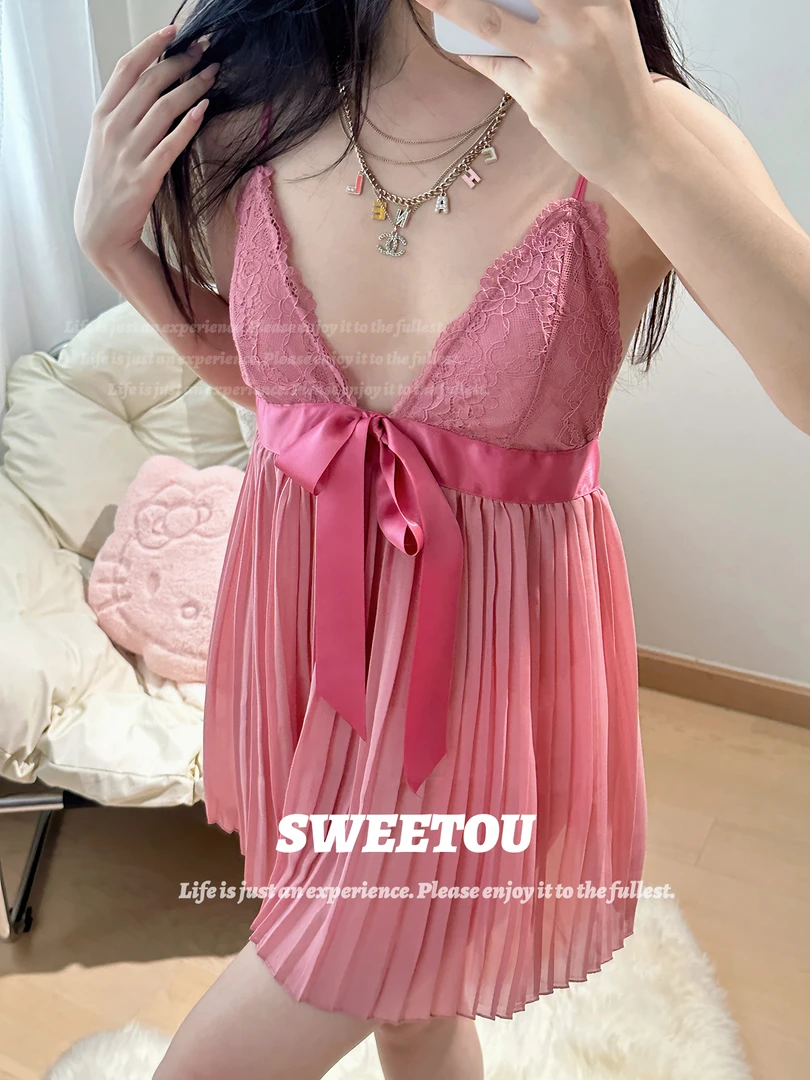 SWEETOU·玫瑰爱恋 古典粉显摆蝴蝶结睡裙吊带蕾丝