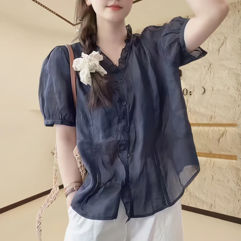 贝贝 木耳边v领泡泡袖衬衫女款爆款2025新款夏装气质减龄显瘦衬衣