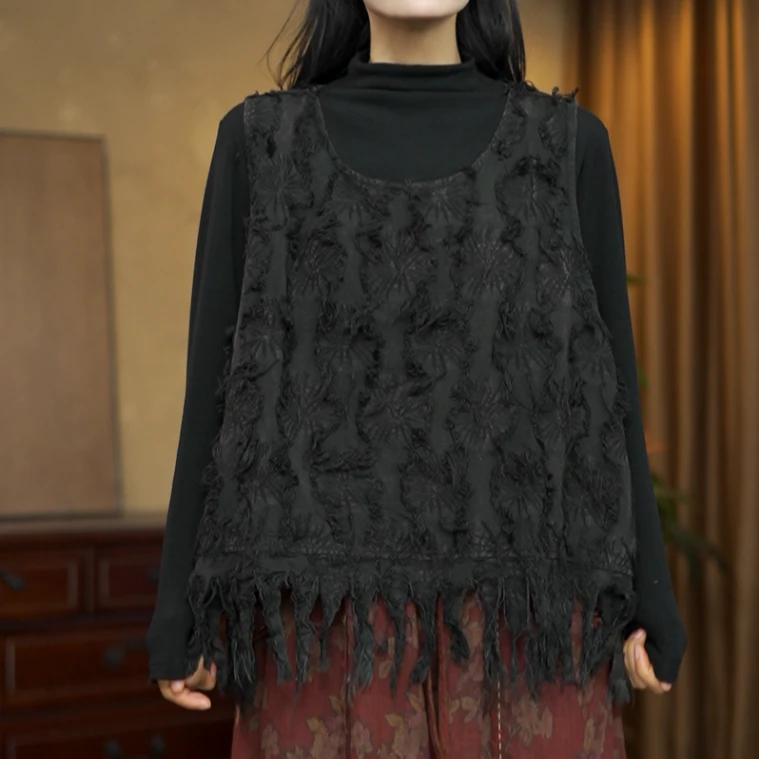 【夏布与麻】春季新款6559亚麻炒色流苏长毛两侧系绳可开单层马甲